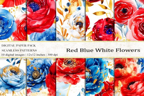Red Blue White Flowers Digital Papers